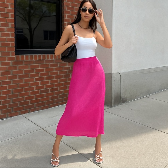 NWOT Sincerely Jules Hot Pink Metallic Midi Skirt | L - Picture 1 of 12